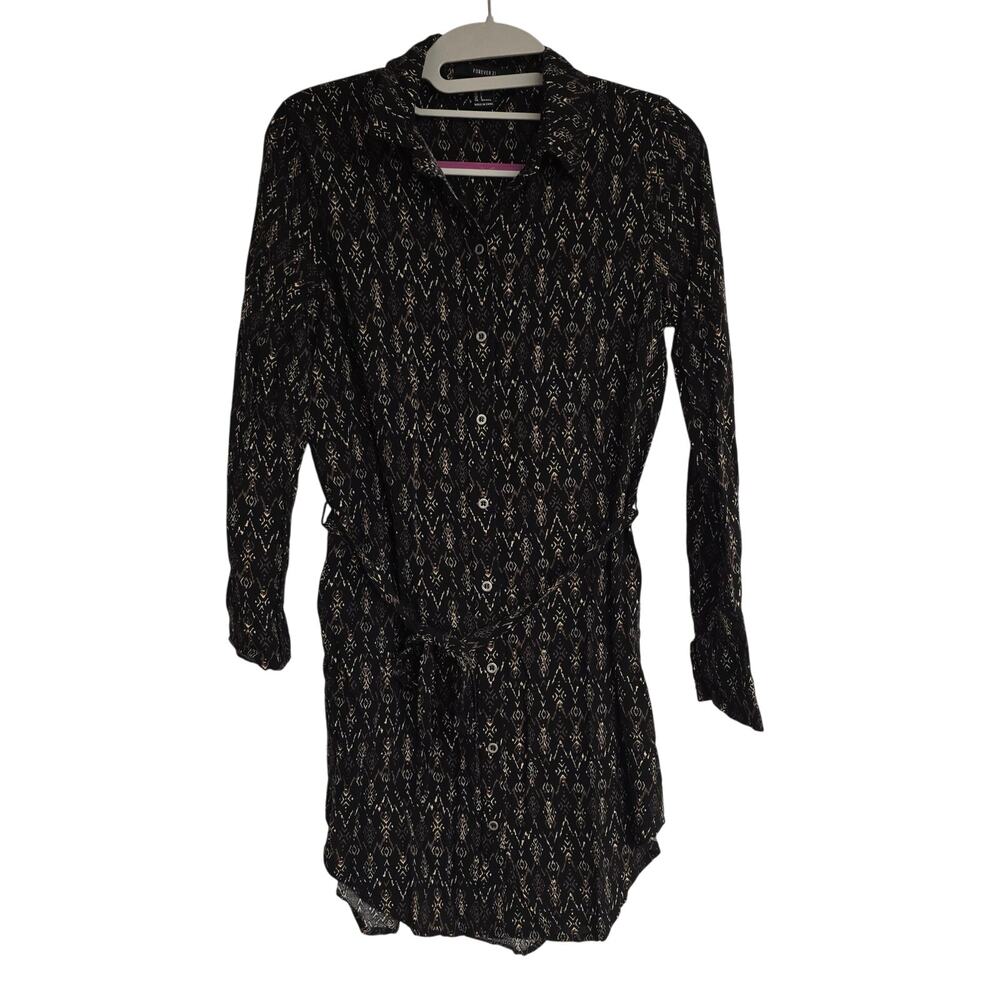 Women's Forever 21 Black Patterned Button Down Belted Shirt Dress | Size Small
